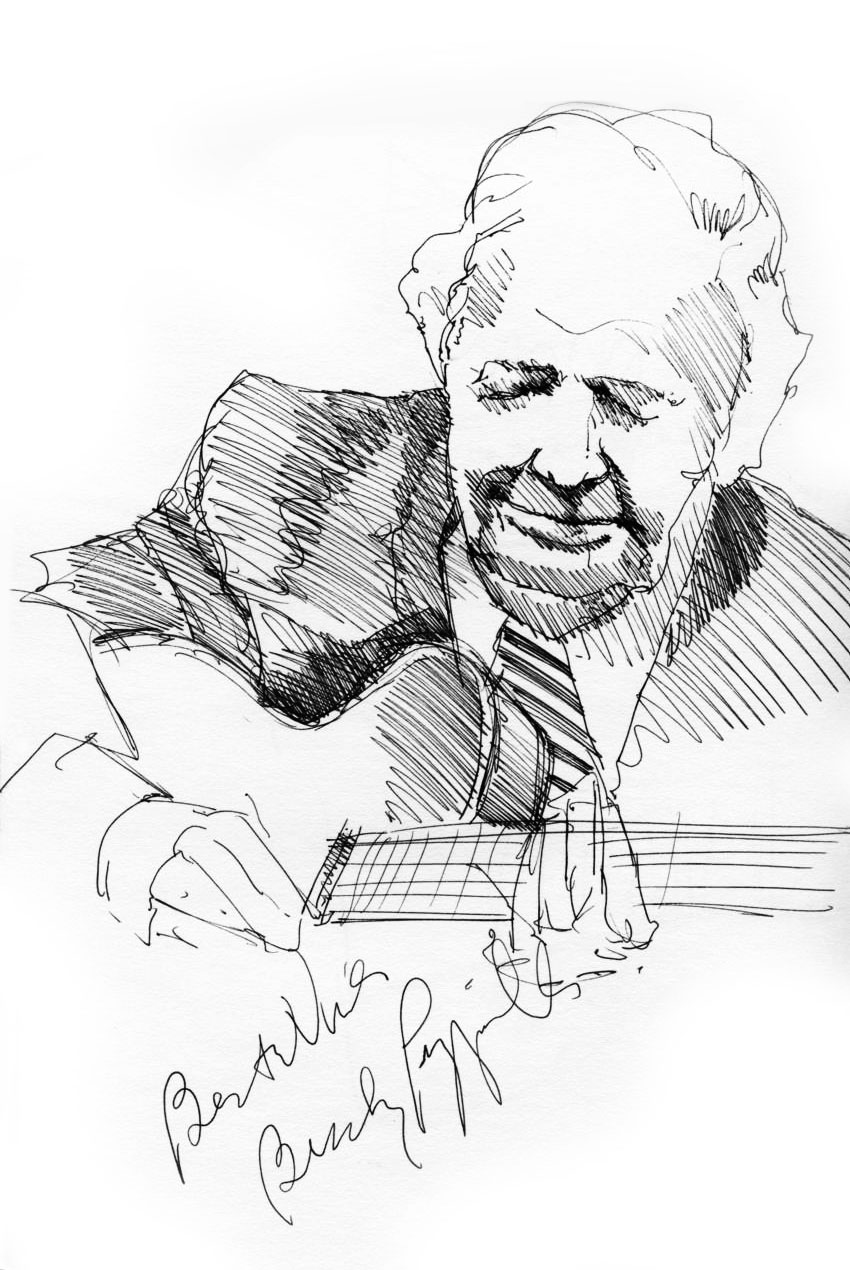 Ink sketch of jazz great Bucky Pizzarelli